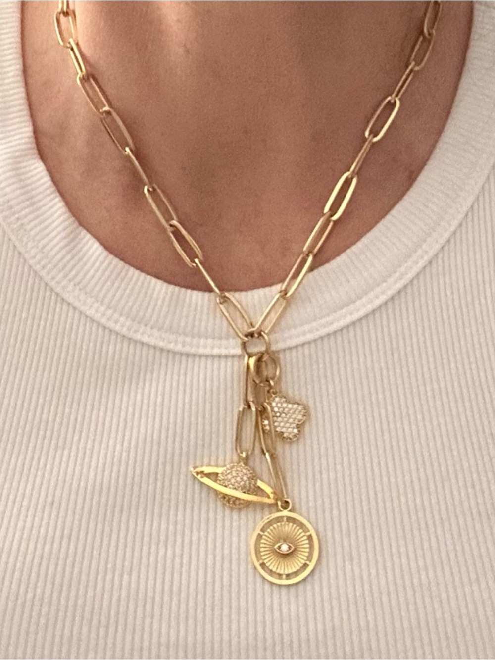 NWOT Gold Paperclip Link Charm Necklace with CZs